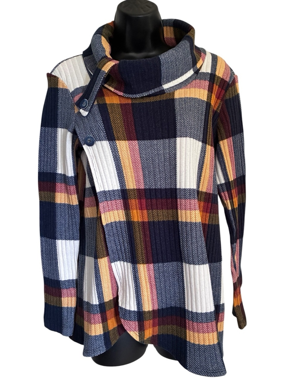 Preppy Grandma Plaid Cowl Neck Sweater Tunic - Navy, White & Mustard Sz L